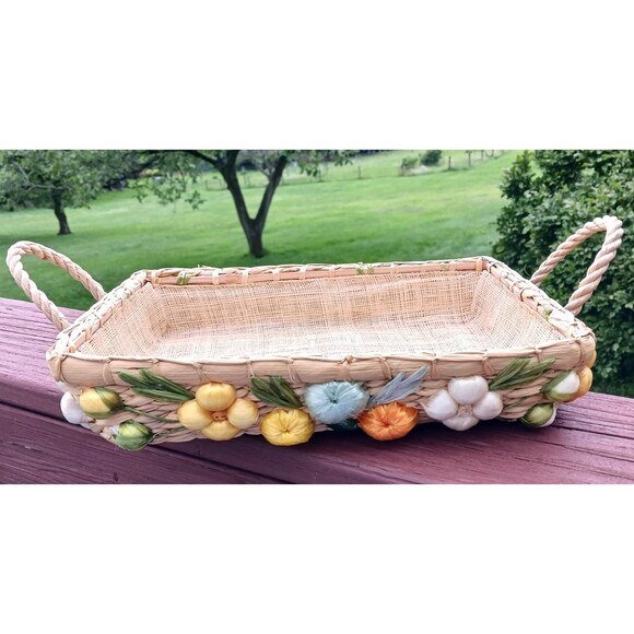 Vintage Hand Woven Rectangle Floral Basket Flower Motif w/ Handles Philippines - Picture 3 of 7
